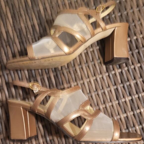 ANN MARINO Women Bronze Nude Clear Mesh Strappy Sandals Sz 6.5 3" Heel Old Money - Picture 3 of 9